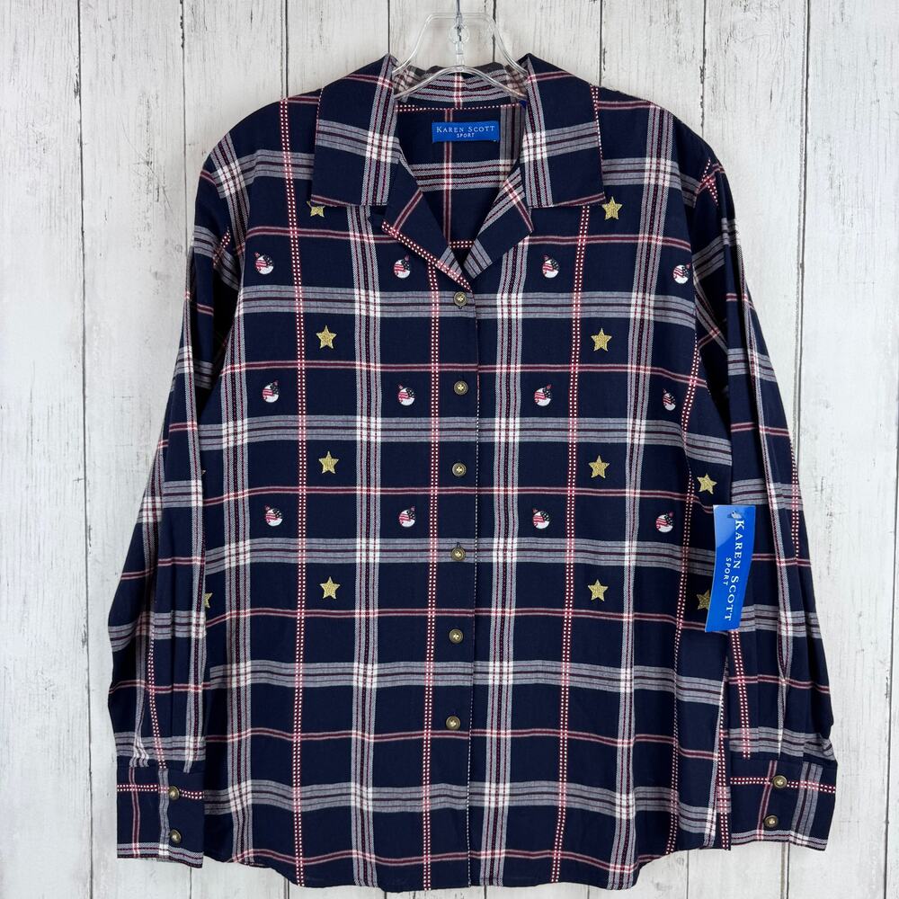 VTG NWT Karen Scott Sport Blue Plaid Patriotic Button-Up Shirt USA Size Small